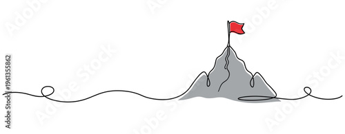 Mountain peak topped with red flag on minimal continuous line. no editable strokes