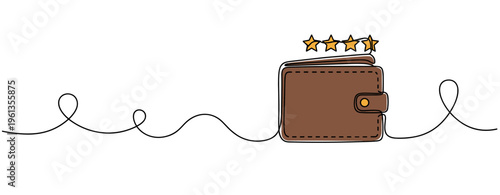 Leather wallet with rating stars on continuous line background. no editable strokes