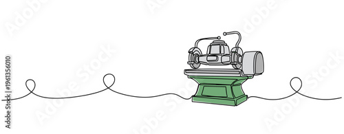 Vintage printing press mounted on pedestal over continuous line. no editable strokes