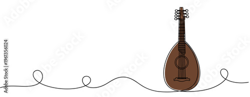 Stringed mandolin standing upright beside looping continuous line. no editable strokes