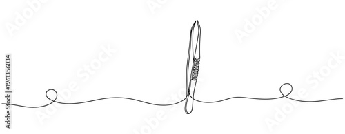 Sewing needle standing with thread line on white background. no editable strokes