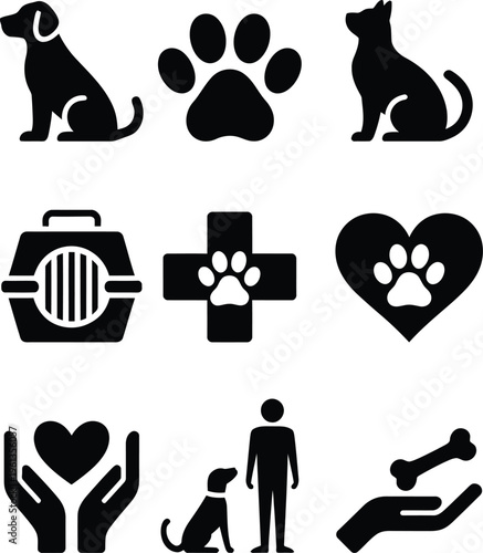 Collection of icons representing pet care, animals, and veterinary services