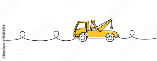 Yellow tow truck moving along continuous line on white background. no editable strokes
