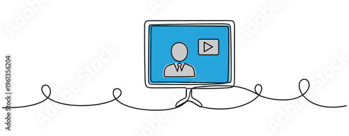 Computer monitor displaying video thumbnail in minimal line art. no editable strokes