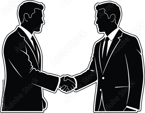 Two businessmen shaking hands in black silhouette handshake suits ties
