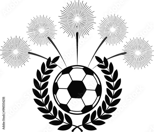 Black soccer ball with dandelions and laurel wreath black and white