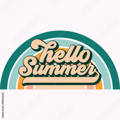 Retro Hello Summer Typography with Vintage Rainbow Vector Illustration