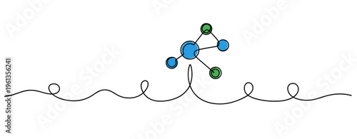 Molecule network nodes hovering above continuous wavy line background. no editable strokes