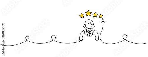 Businesswoman receiving five star rating on white background. no editable strokes