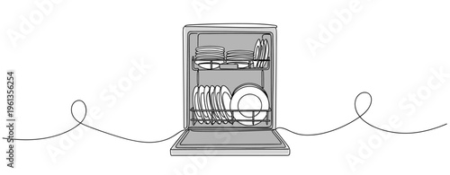 Dishwasher full of plates open on white background illustration. no editable strokes