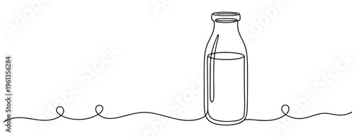 Glass bottle filled with milk standing on continuous line. no editable strokes