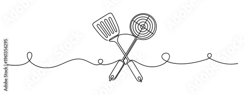 Spatula and skimmer crossed resting on white continuous line. no editable strokes