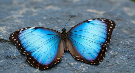 Vibrant close-up shows a butterfly with electric blue wings, resting on a textured surface