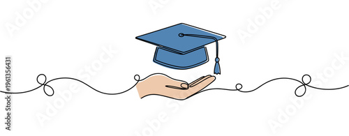 Graduation cap hovering above open hand on continuous line background. no editable strokes