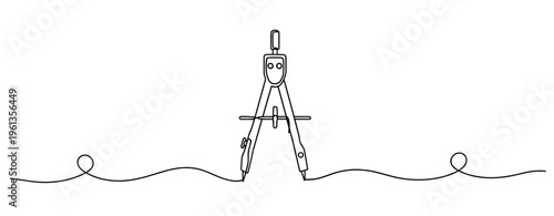 Drawing compass positioned on wavy guide line in minimal style. no editable strokes