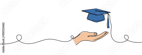 Graduation cap held above open hand on continuous line. no editable strokes