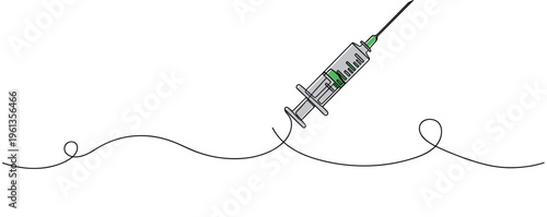 Syringe injecting vaccine across minimal white background. no editable strokes