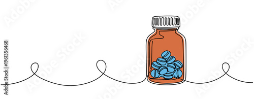 Medicine bottle filled with pills on continuous line. no editable strokes