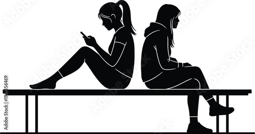 Two girls sitting on a bench using smartphones women teenagers teens