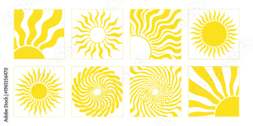 A collection of eight unique stylized sun icons with varying wavy ray patterns in yellow and white Vector, illustration