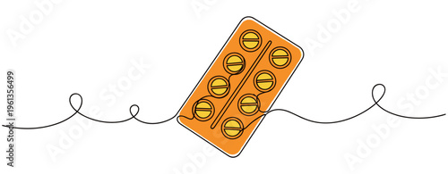 Blister pack of pills tilted on continuous line background. no editable strokes