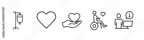 Medical care and charity outline icon set featuring IV saline drip, heart care, patient on wheelchair, hand giving heart, information desk, and more vector illustration on editable stroke