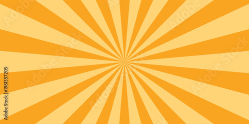 Orange stripes burst lines background. Sun ray light. Radiate sunlight. Vintage stripes halftone radial wallpaper for poster, banner.Circus background of spiral yellow orange rays vector.