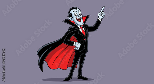 Cartoon Count Dracula Character Pointing Upwards on a Solid Greyish-Purple Background
