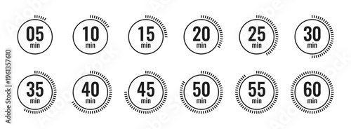 Countdown timer icons set 5 to 60 minutes for web and app design