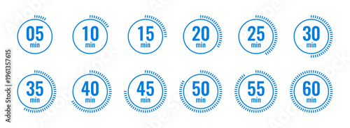 Blue Minute Timer Icon Set for 5 to 60 Minutes