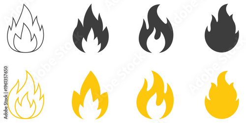 Fire icon collection, fire flame symbol, fire flame icon vector design, set of fire icons, featuring different flame shapes