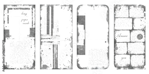 A collection of four vintage distressed stationery panels with grunge textures and handwritten text Vector, illustration