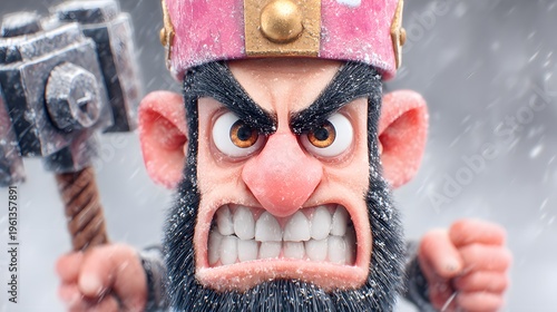 An angry dwarf with a big hammer wearing a crown in a snowy environment