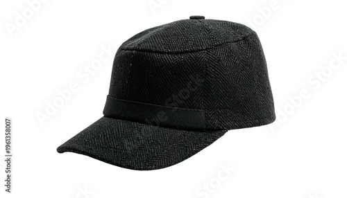 Dark, textured cap with a curved brim, band, and fitted crown against a black backdrop