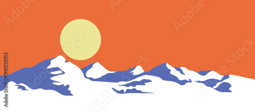 Mountain Landscape Vector Background with Blue Mountain Range Silhouette on Bright Orange Background in Orange, Blue and Navy Colors, Bold Modern Design for Poster, Cover, Banner and Wall Art