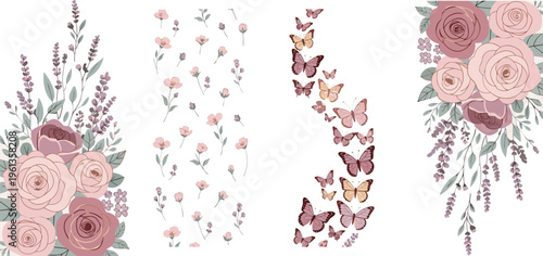 Pastel Floral Background Set, Wedding Invitation Templates, Elegant Rose Botanical Designs, Vintage Feminine Floral Pattern Collection