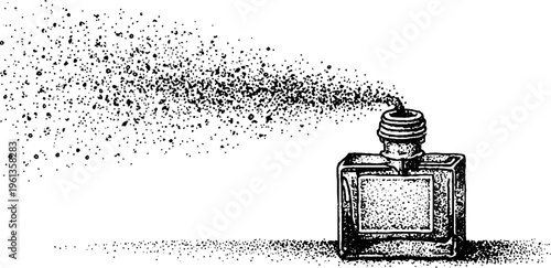 Aftershave bottle spray splash black and white stipple drawing for cosmetic packaging background and product poster design