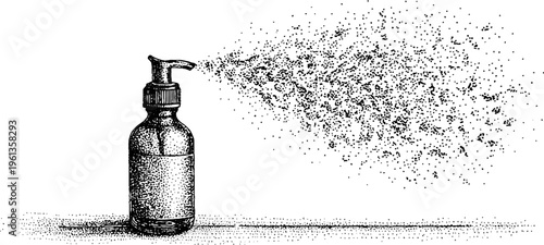 Pump dispenser bottle spraying mist black and white stipple sketch for cosmetic background label and packaging design