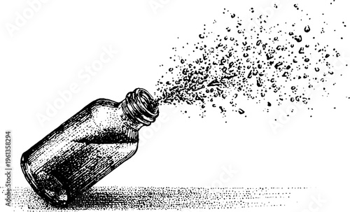 Stippled aftershave bottle with liquid splash in black and white for cosmetic product background and vintage packaging design