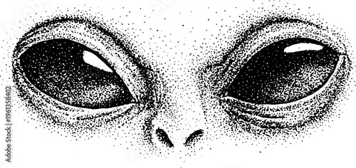 Close up alien face with large glossy eyes black and white stippled drawing for poster or background
