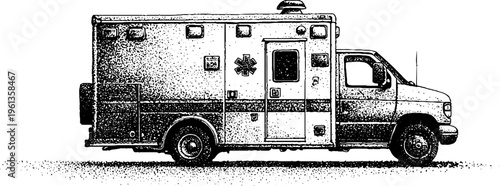 Side profile ambulance with rotating siren light in black and white stipple drawing for emergency vehicle background and medical design