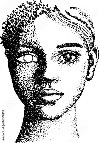 Android face half human half machine dotted stippling with particle fragmentation in black and white for poster background and editorial design highlighting transformation
