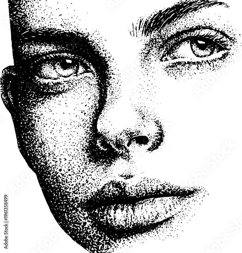 Android half human half machine stippled portrait closeup in black and white for poster and editorial design emphasizing cyborg texture and expressive gaze