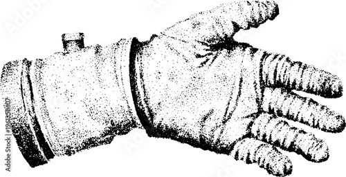 Stippled astronaut glove backhand view showing detailed creases and seams for space design elements and educational poster graphics