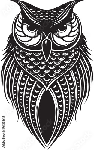 Ornamental Owl Illustration with Detailed Feather Pattern Black and White Design