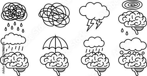 Mental health problem concept with brain storm depression stress and anxiety outline flat vector illustration.