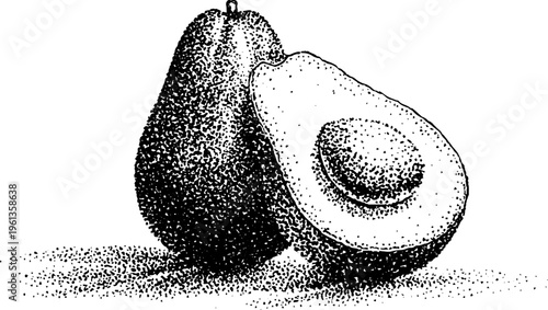 Black and white stippled avocado half with pit texture illustration for food label and packaging design
