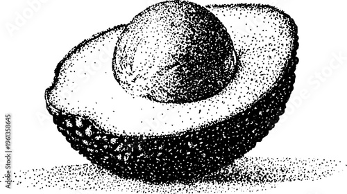 Stippled avocado half with central pit black and white texture illustration for packaging and logo design