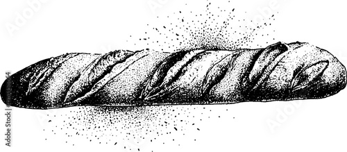 Long baguette loaf with diagonal cuts black and white stippling engraving for bakery packaging and menu design background