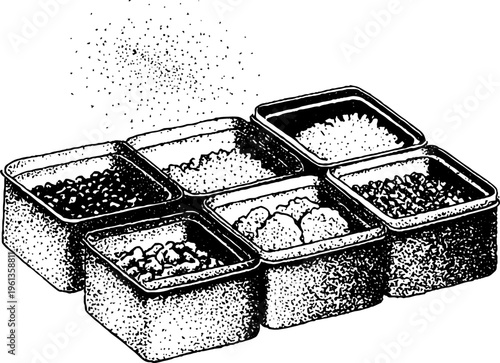 Black and white stippled bento box compartments layout for food packaging background and product design